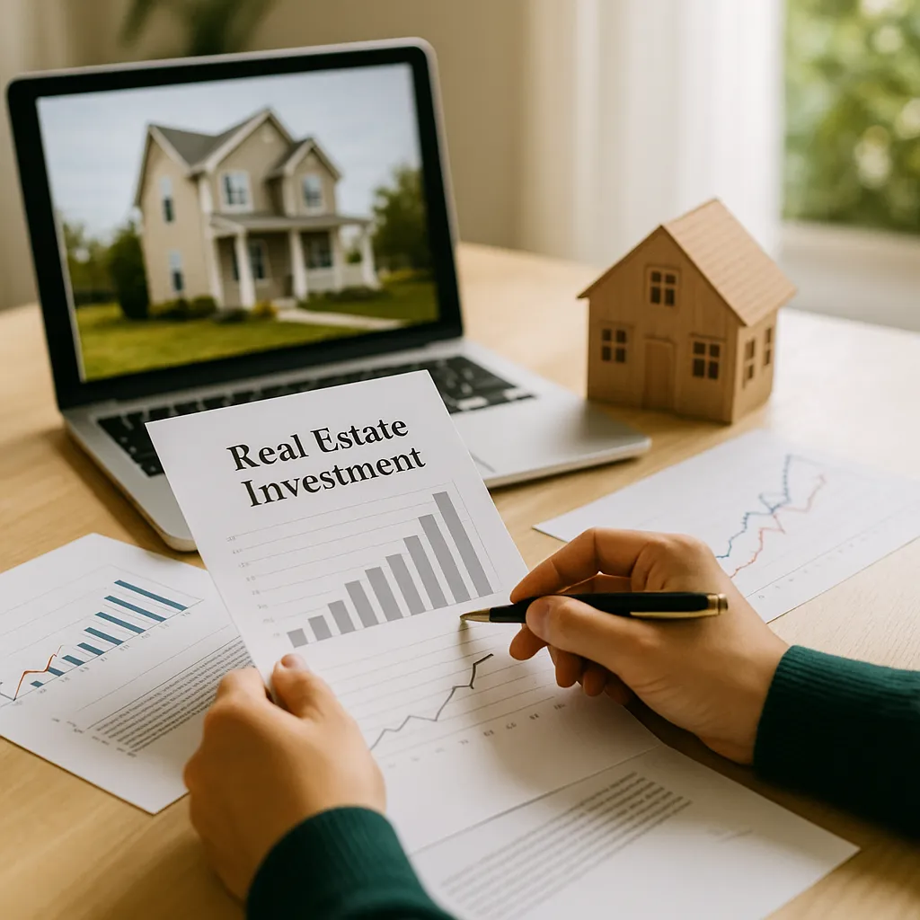 A person reviewing property documents and financial charts on a wooden desk, representing real estate investment planning.