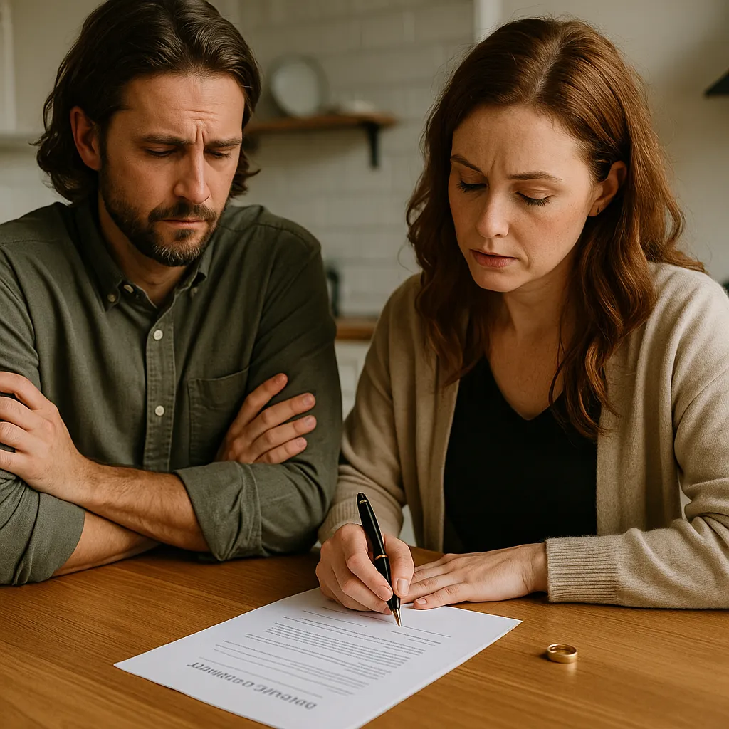 A couple sitting apart at a kitchen table with paperwork between them, depicting the emotional and financial decisions during a divorce-related home sale.