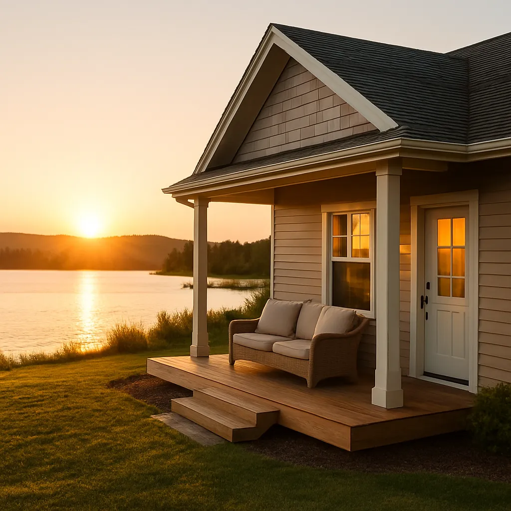 A peaceful lakeside vacation home with soft natural light and a calm outdoor setting, symbolizing second home ownership.