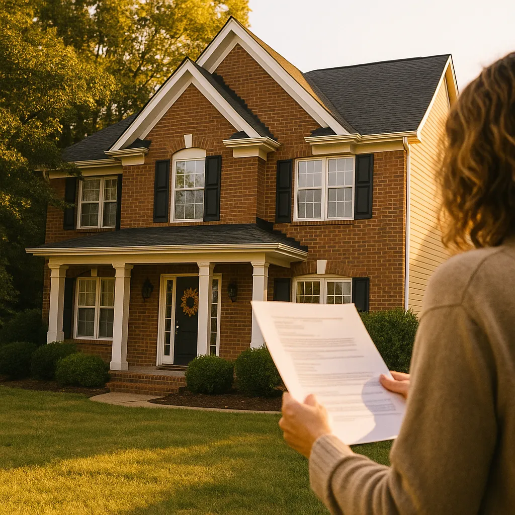 An older single-story home with an estate sale sign in the yard, representing inherited property decisions.
