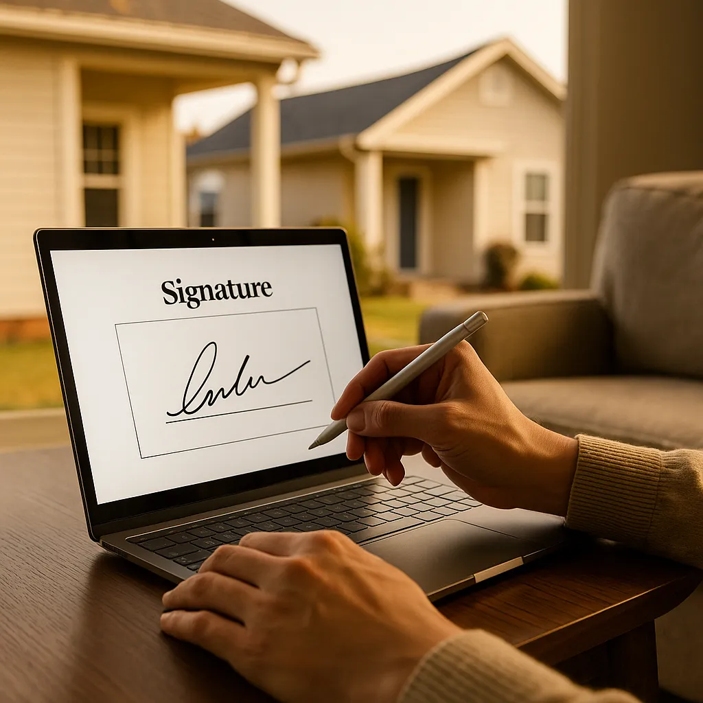 A person signing real estate documents on a laptop at home, illustrating the remote home-selling process.