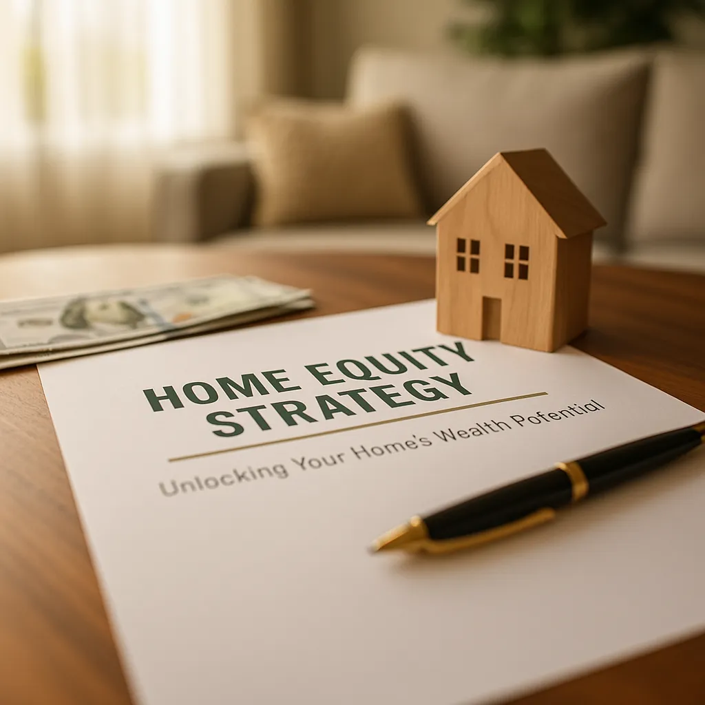 A wooden house figurine, a stack of cash, and a document labeled “Home Equity Strategy” on a table, representing how homeowners can leverage their home equity for wealth planning.