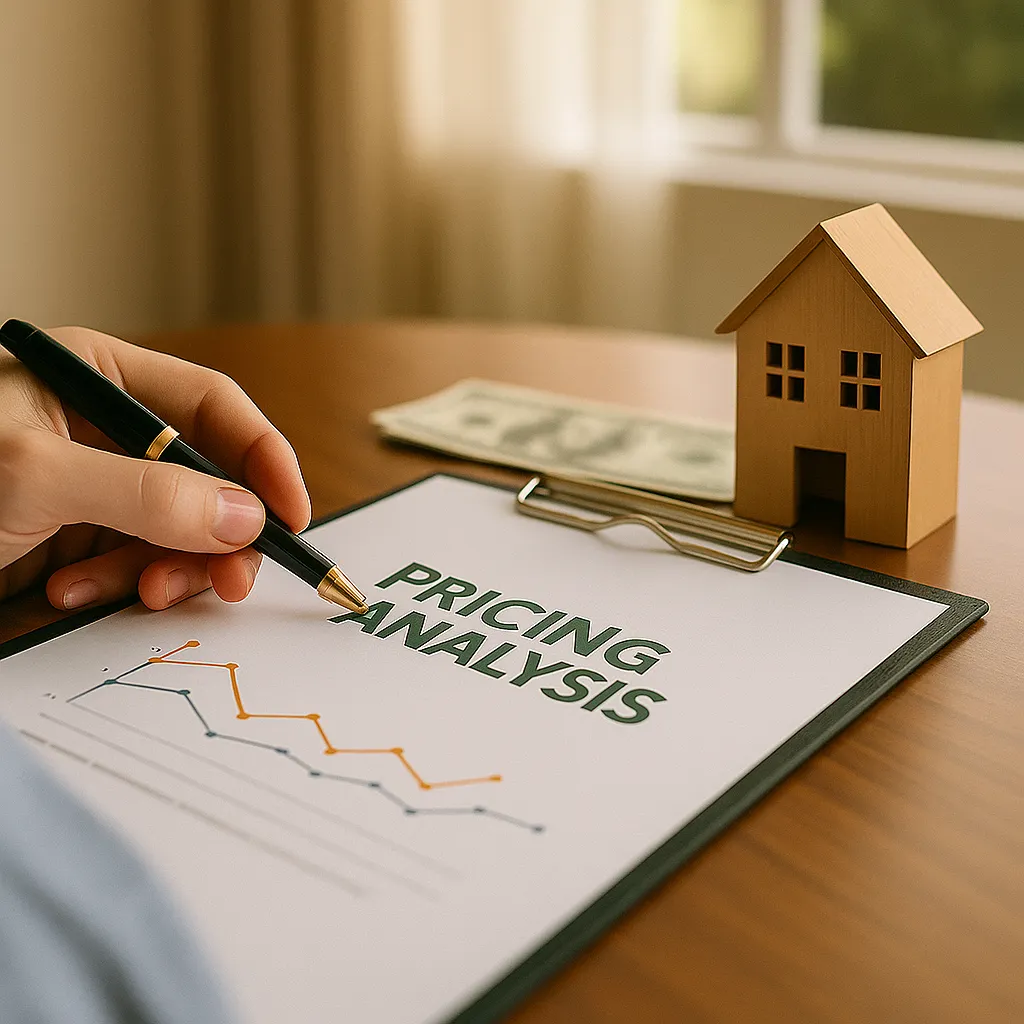 A person reviewing a pricing analysis document at a wooden desk with a calculator and house model, representing how to determine the right listing price for a home.