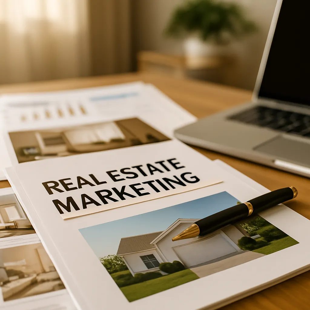 A stack of printed real estate marketing materials and listing photos arranged on a wooden desk.