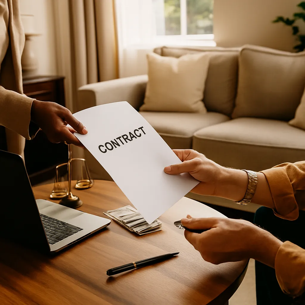 A couple sitting with a real estate agent while reviewing purchase offers and discussing negotiation details.
