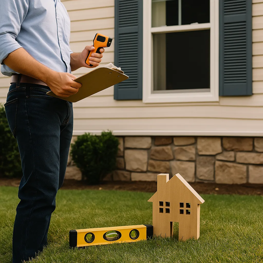 A home inspector checking an exterior wall and taking notes during a residential property inspection.