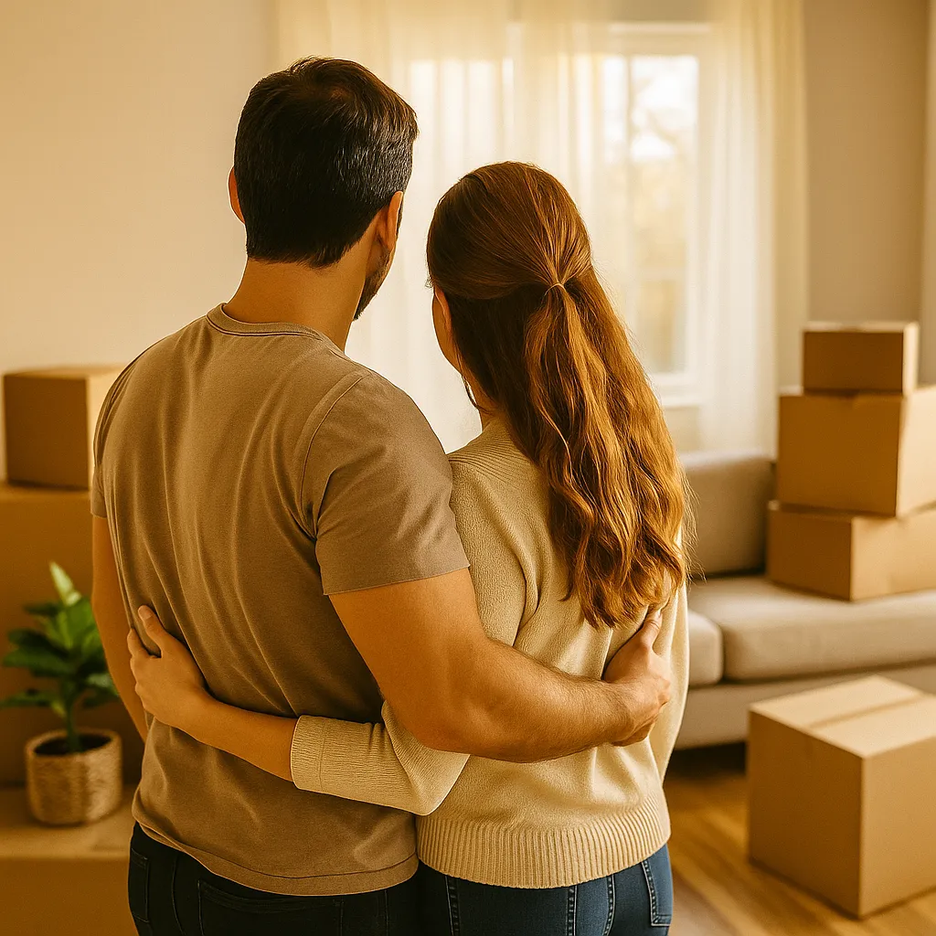 A couple standing in their living room surrounded by moving boxes, preparing for an upcoming move and transition to a new home.