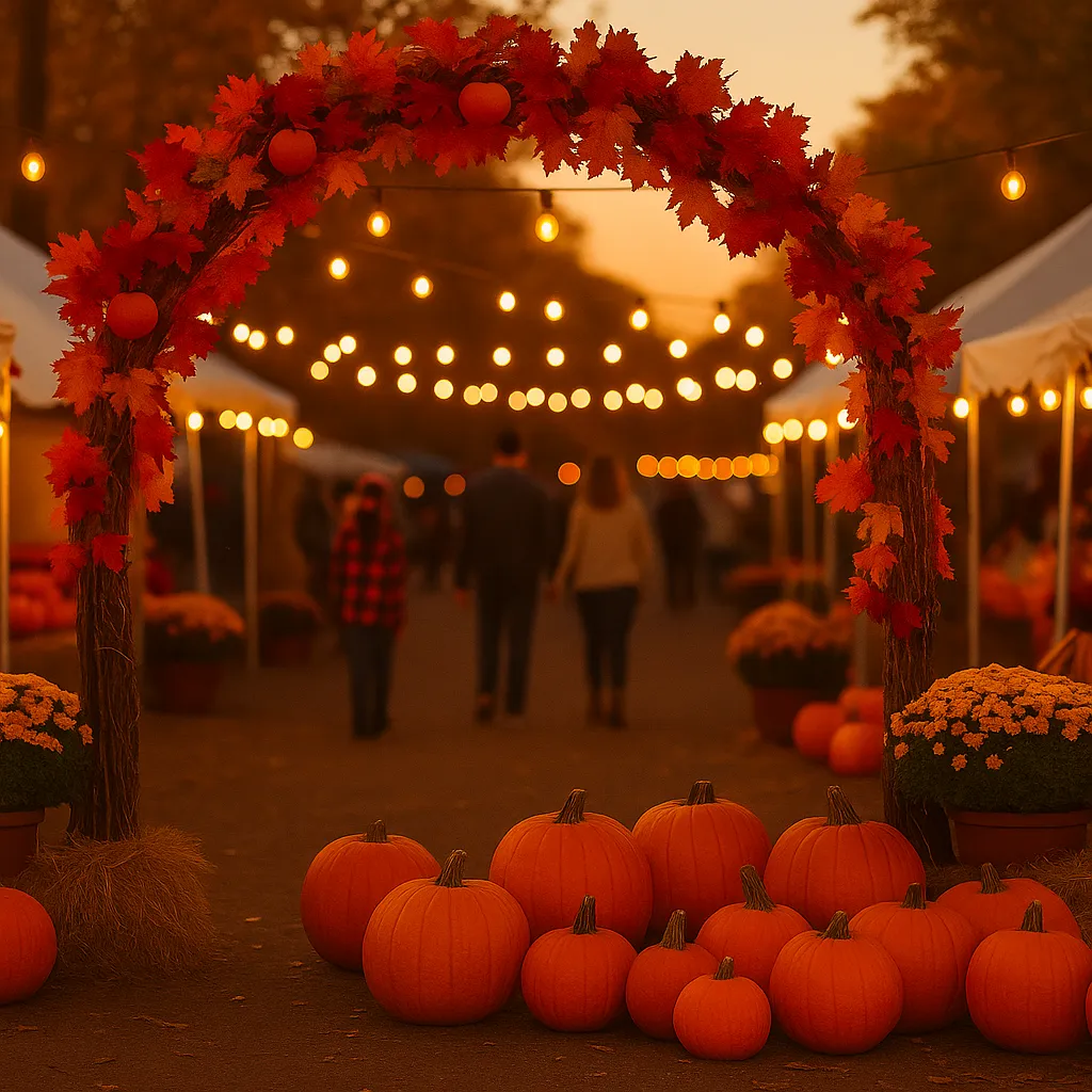 A warm autumn festival scene at dusk with pumpkins, string lights, and people walking through market stalls decorated with fall leaves.