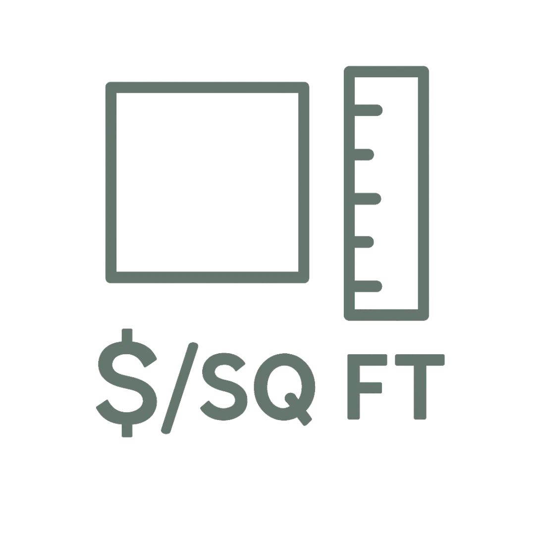 Flat black square-footage icon showing a ruler and arrows for measurement.