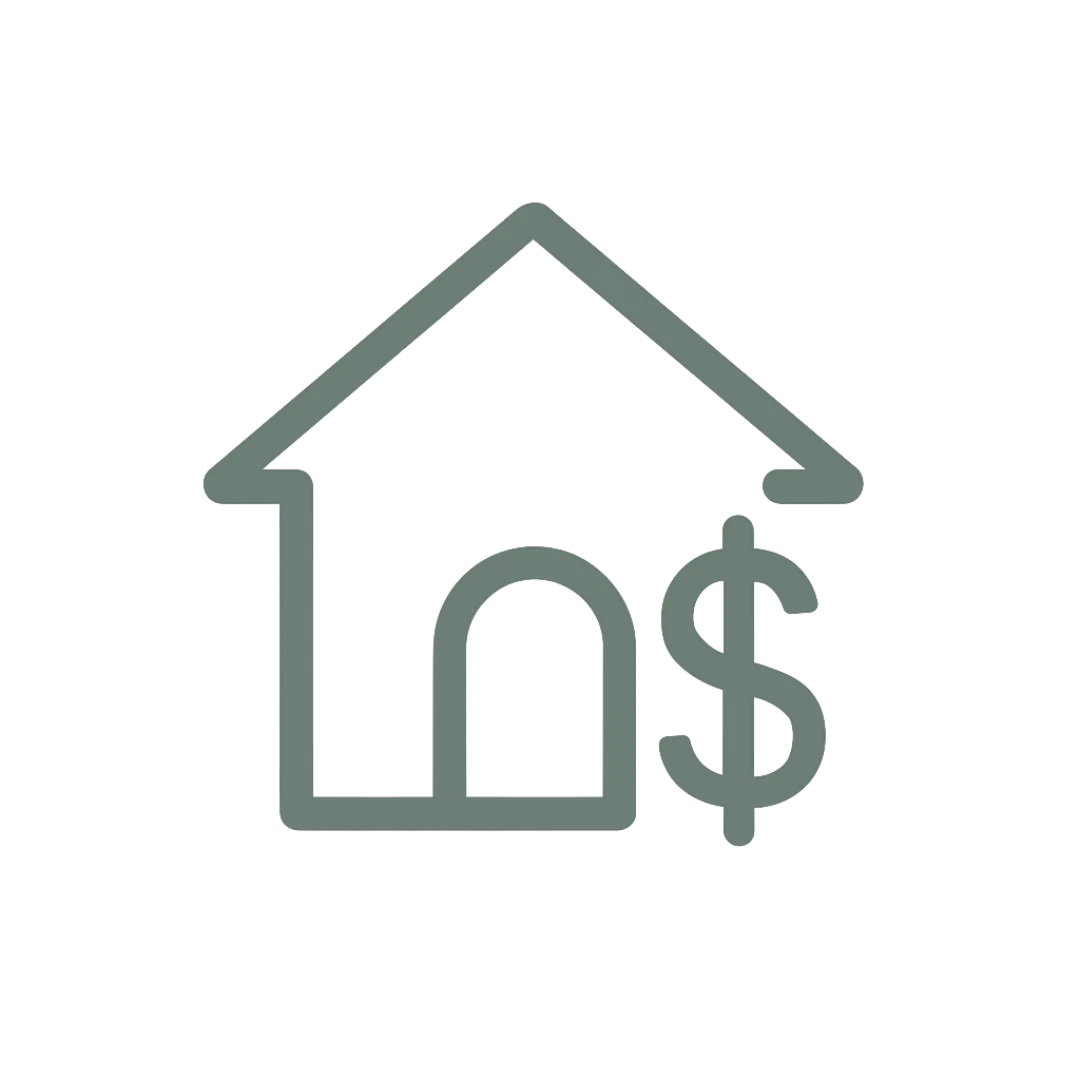 Minimal black outline icon of a house with a dollar sign representing home prices.