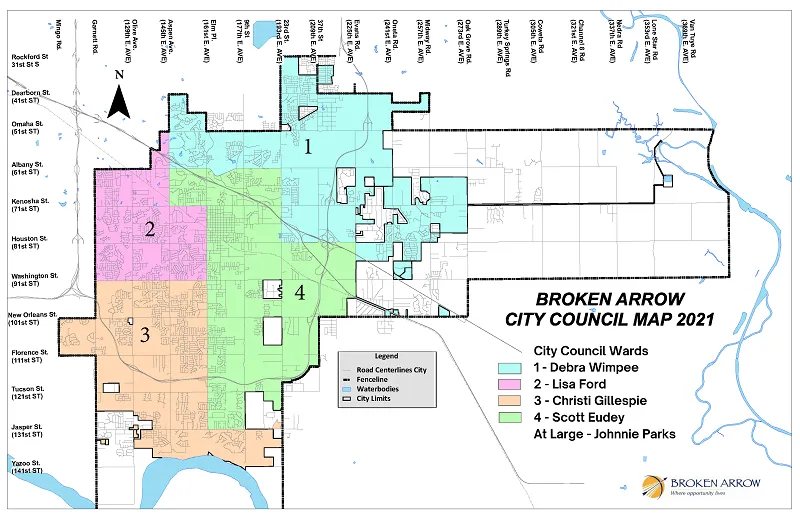 Map of Broken Arrow showing major highways and commute routes to Tulsa.