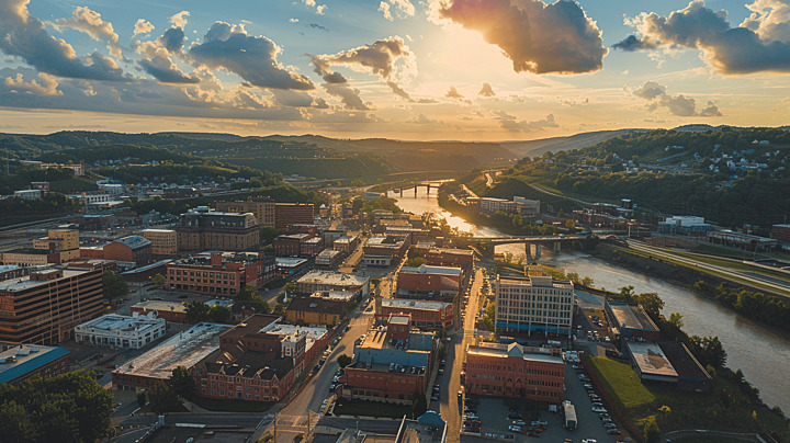 A scenic view of rolling hills and a small town in West Virginia, with a family walking together on a path. The landscape is lush and green, evoking a sense of local community and connection.