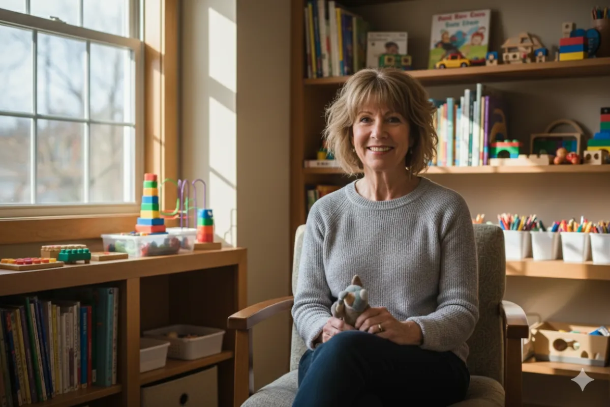 Heather Cox, a warm, approachable woman in her 50s with short brown hair, sits in a cozy office surrounded by children’s books and therapy tools. She smiles gently, exuding experience and trust.
