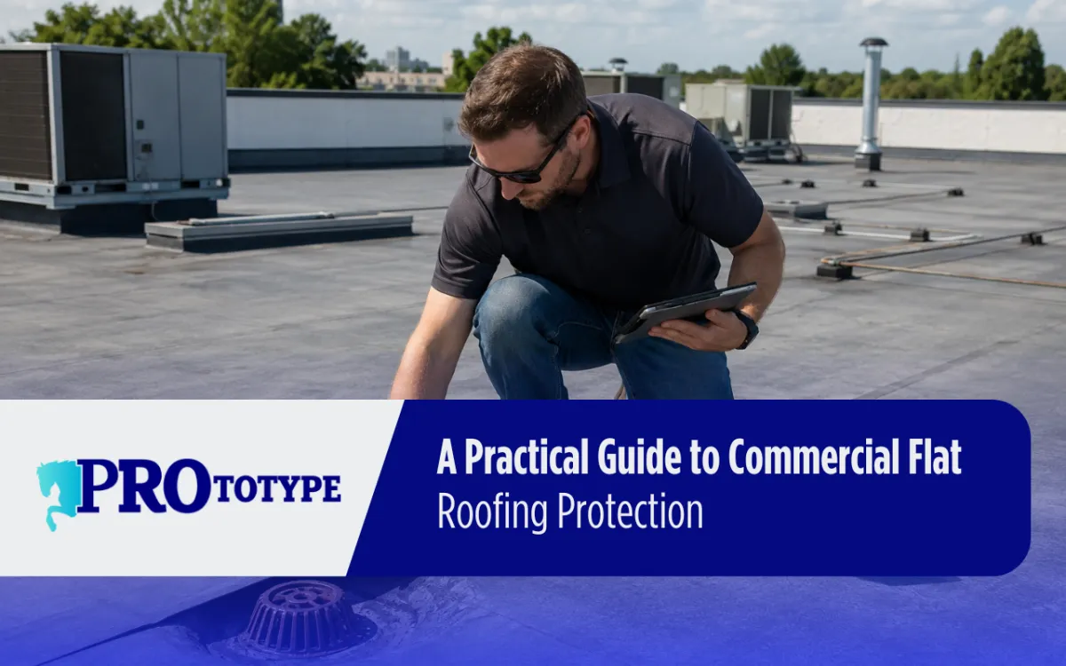 Commercial flat roofing inspection on a business property