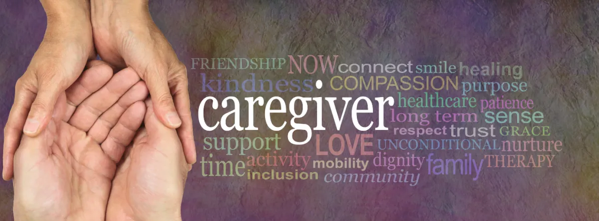 pic with hands held to left and word caregiver to the right and words that describe