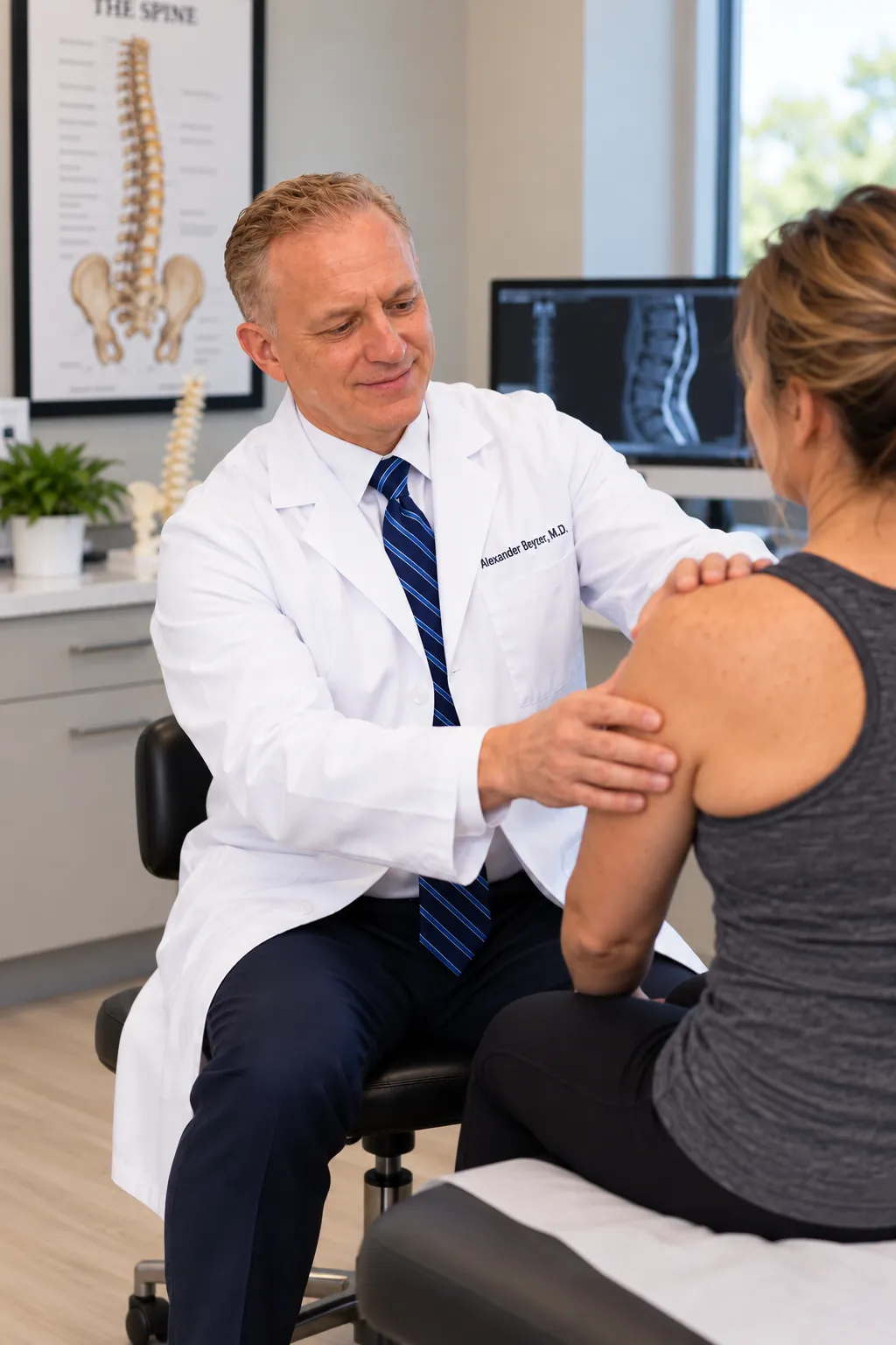 Physician performing a gentle, thorough musculoskeletal physical exam on a patient recovering from acute pain