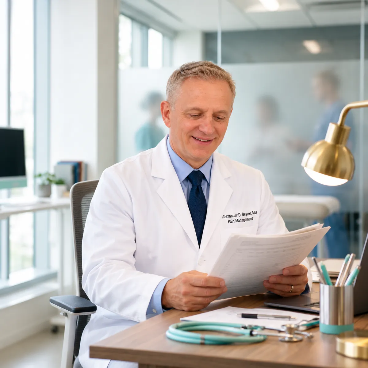 Dr. Alexander Beyzer, MD reviewing medical records and personal injury documentation in clinic