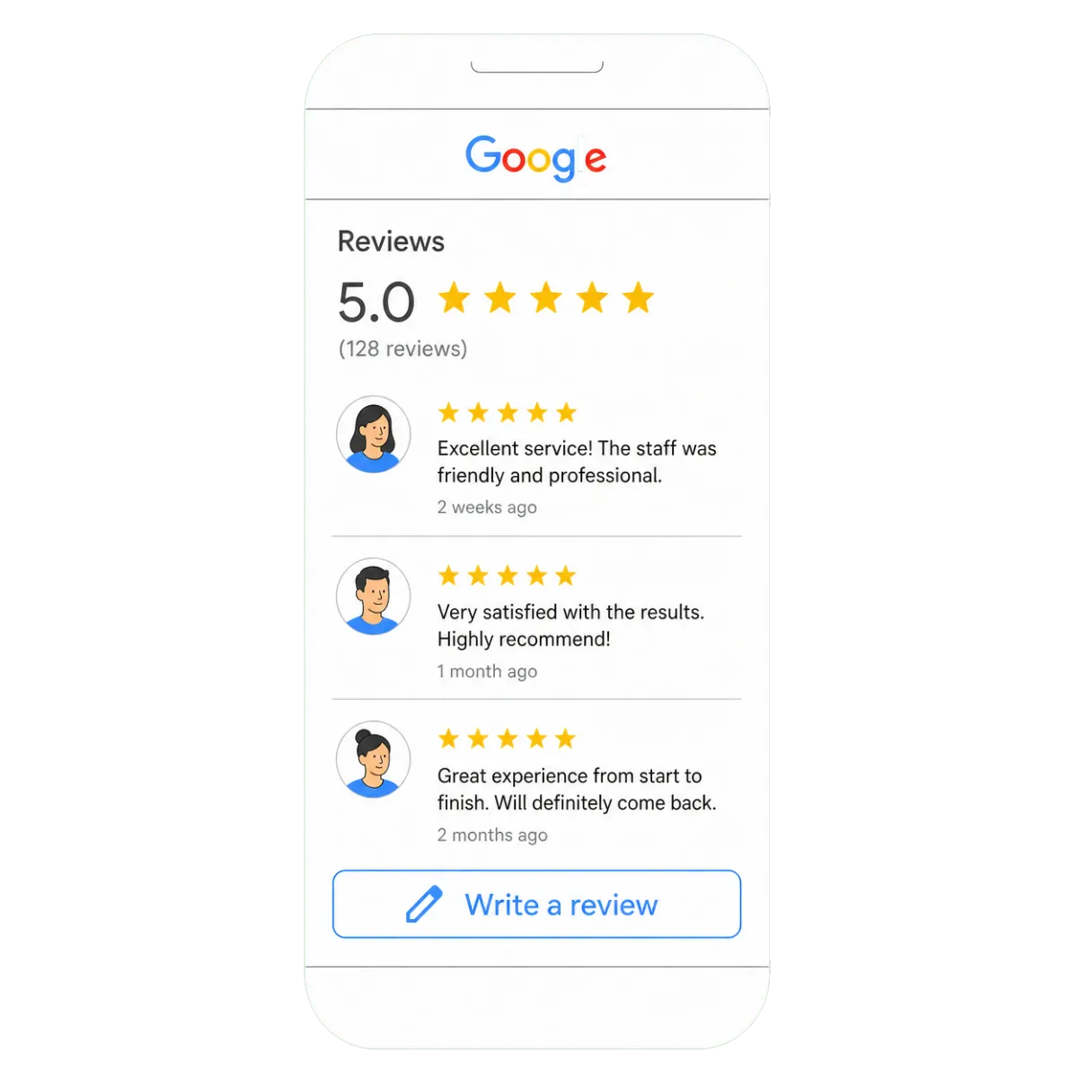 Customer interacting with 5-star Google reviews on mobile