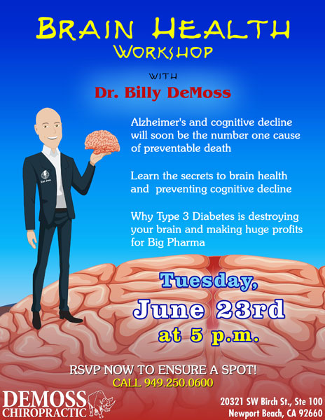 Brain Health Workshop poster — with Dr. Billy DeMoss, Tuesday 23 June 2026