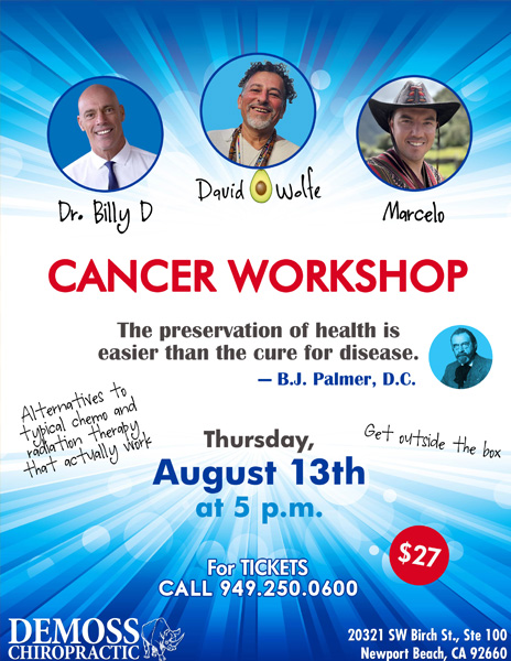 Cancer Workshop poster — DeMoss Chiropractic, Thursday 13 August 2026