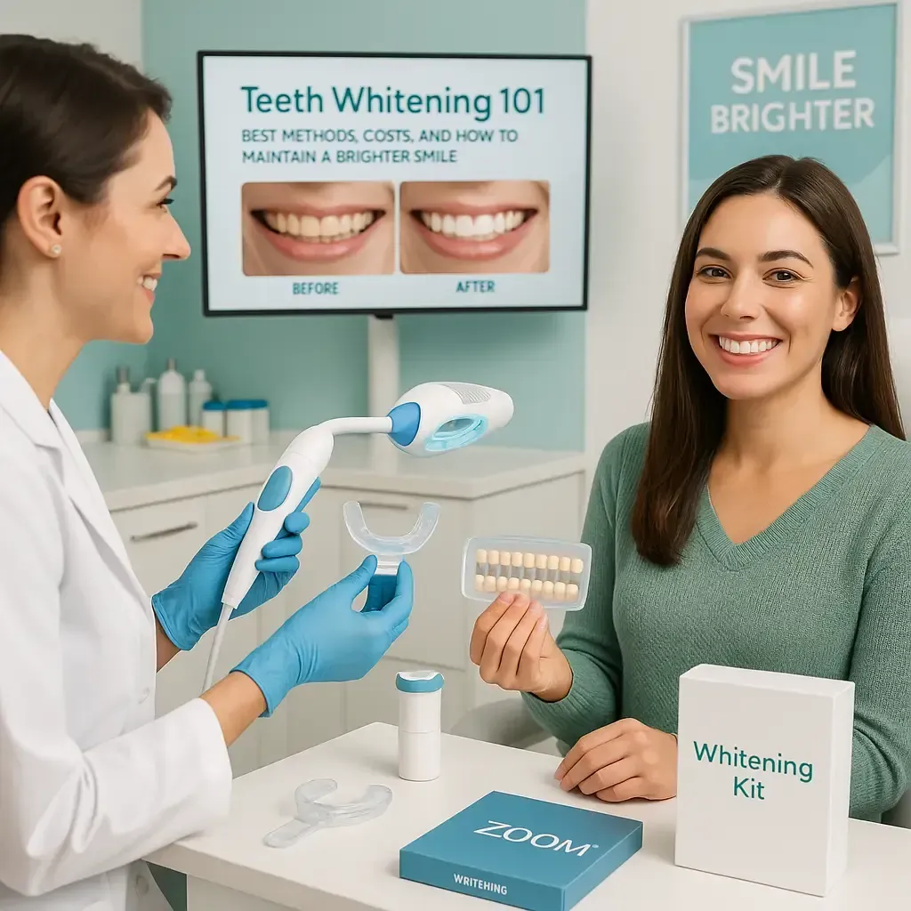 Patient receiving professional teeth whitening treatment to achieve a brighter, whiter smile.