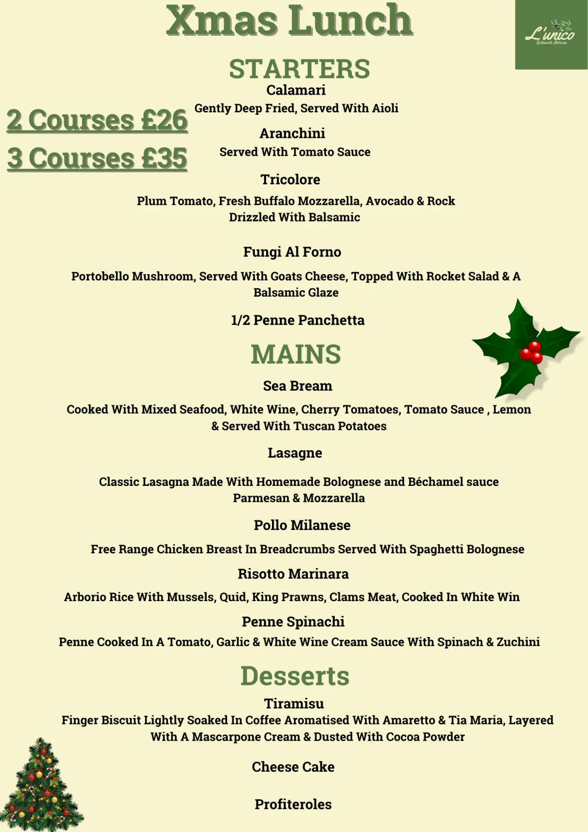 Xmas Lunch Menu