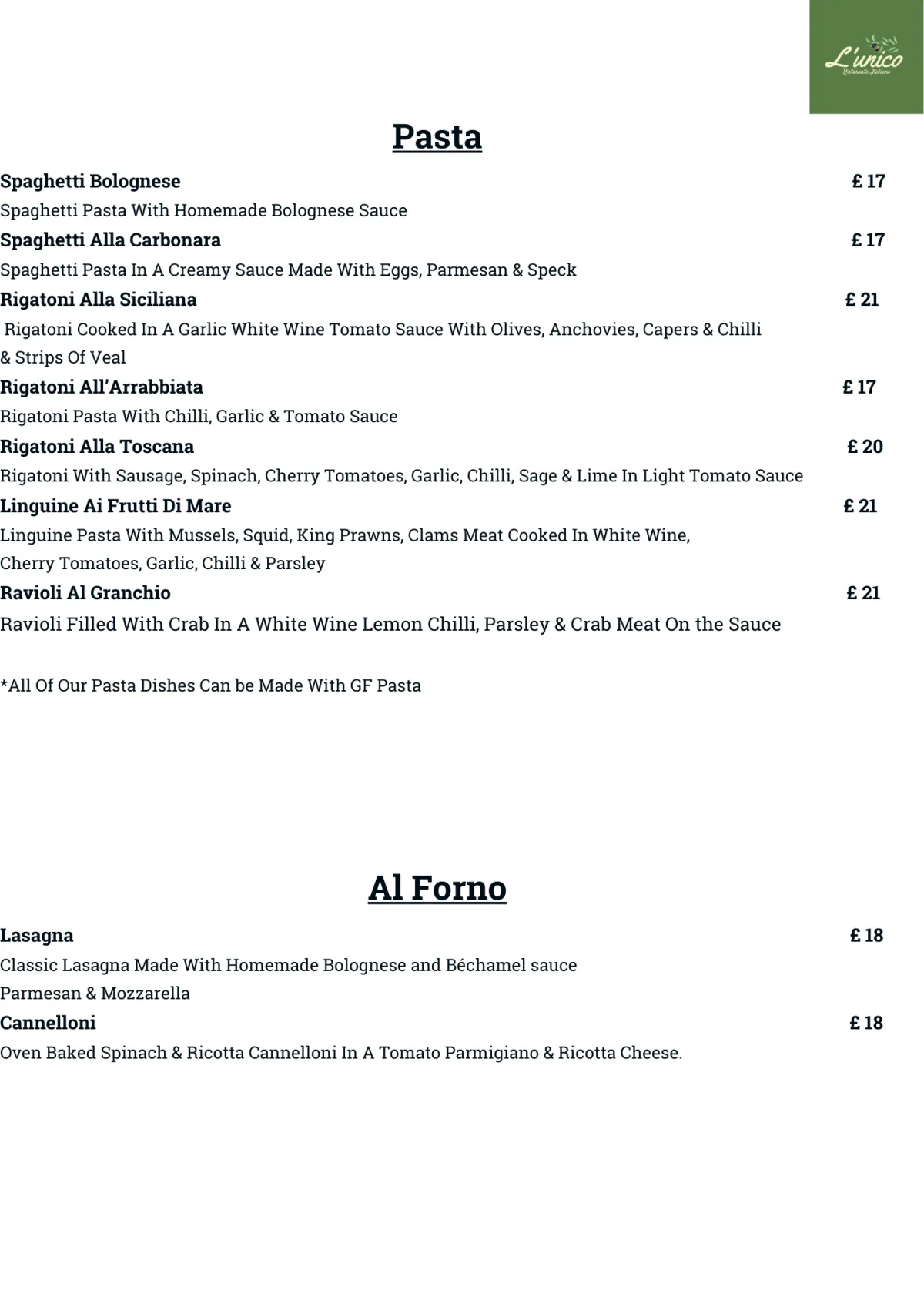 Pasta Menu