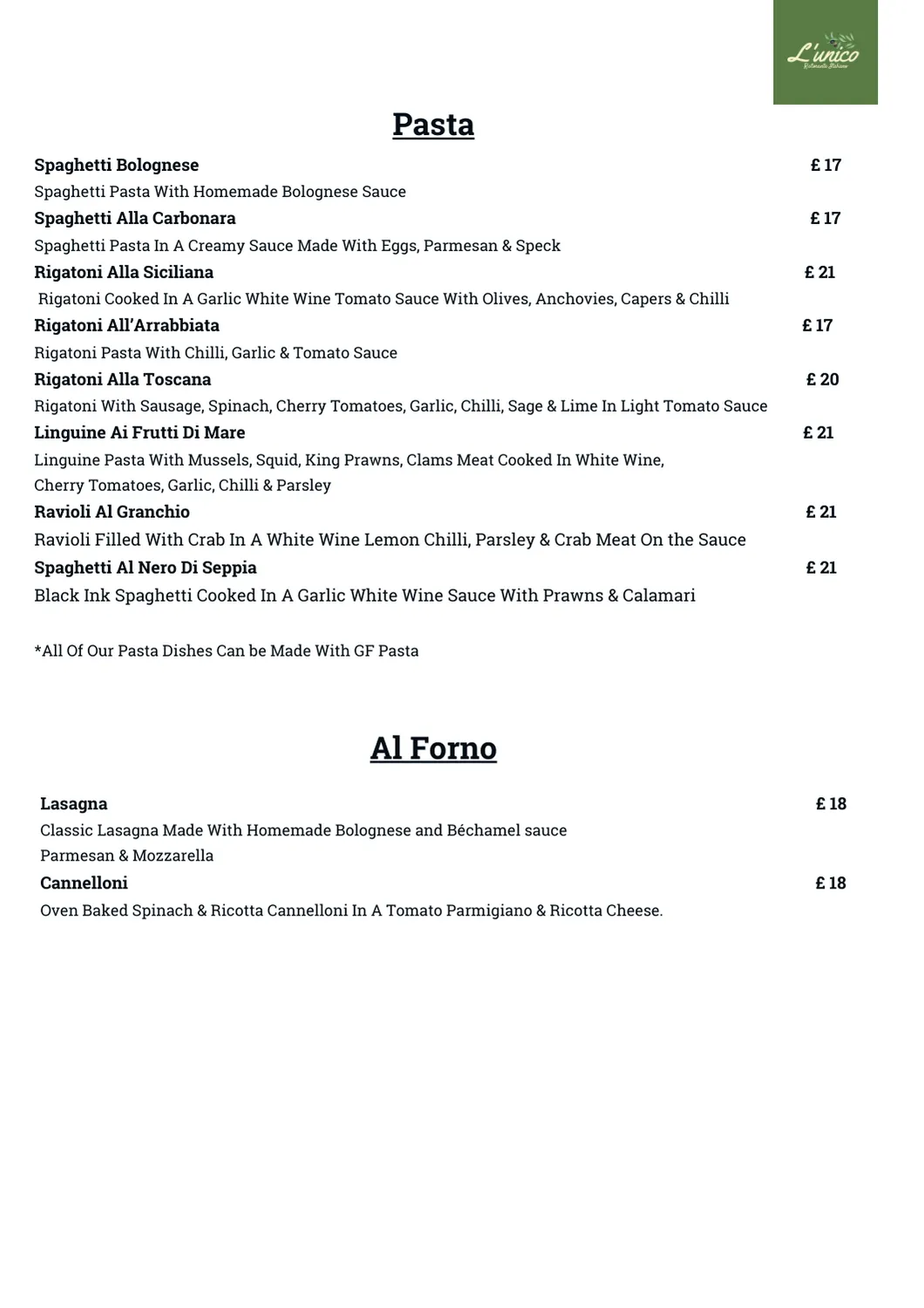 Pasta Menu