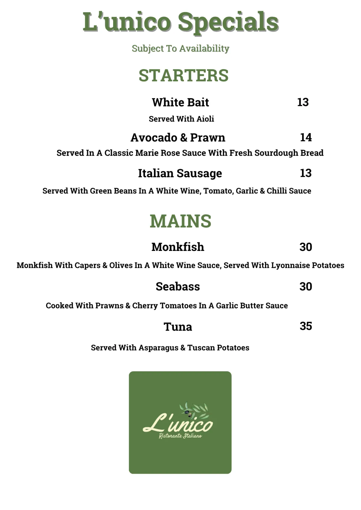 Specials Menu