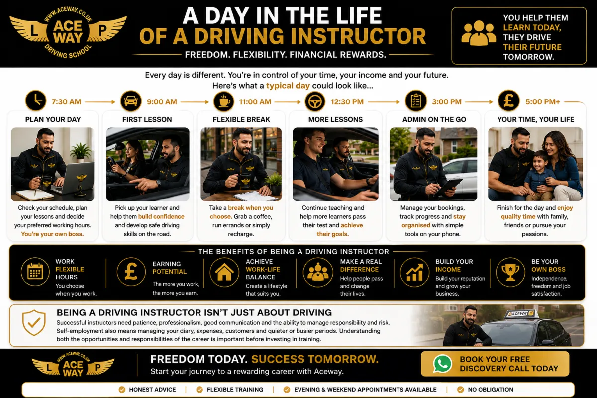 Typical day in the life of a self-employed driving instructor showing lessons, flexible working, admin and career benefits