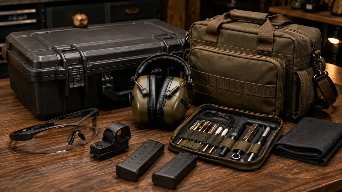 Range bag, eye and ear protection, gun case and cleaning supplies
