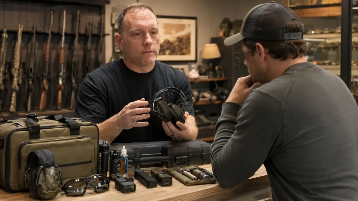 Placeholder for an image of Art reviewing practical range gear with customer
