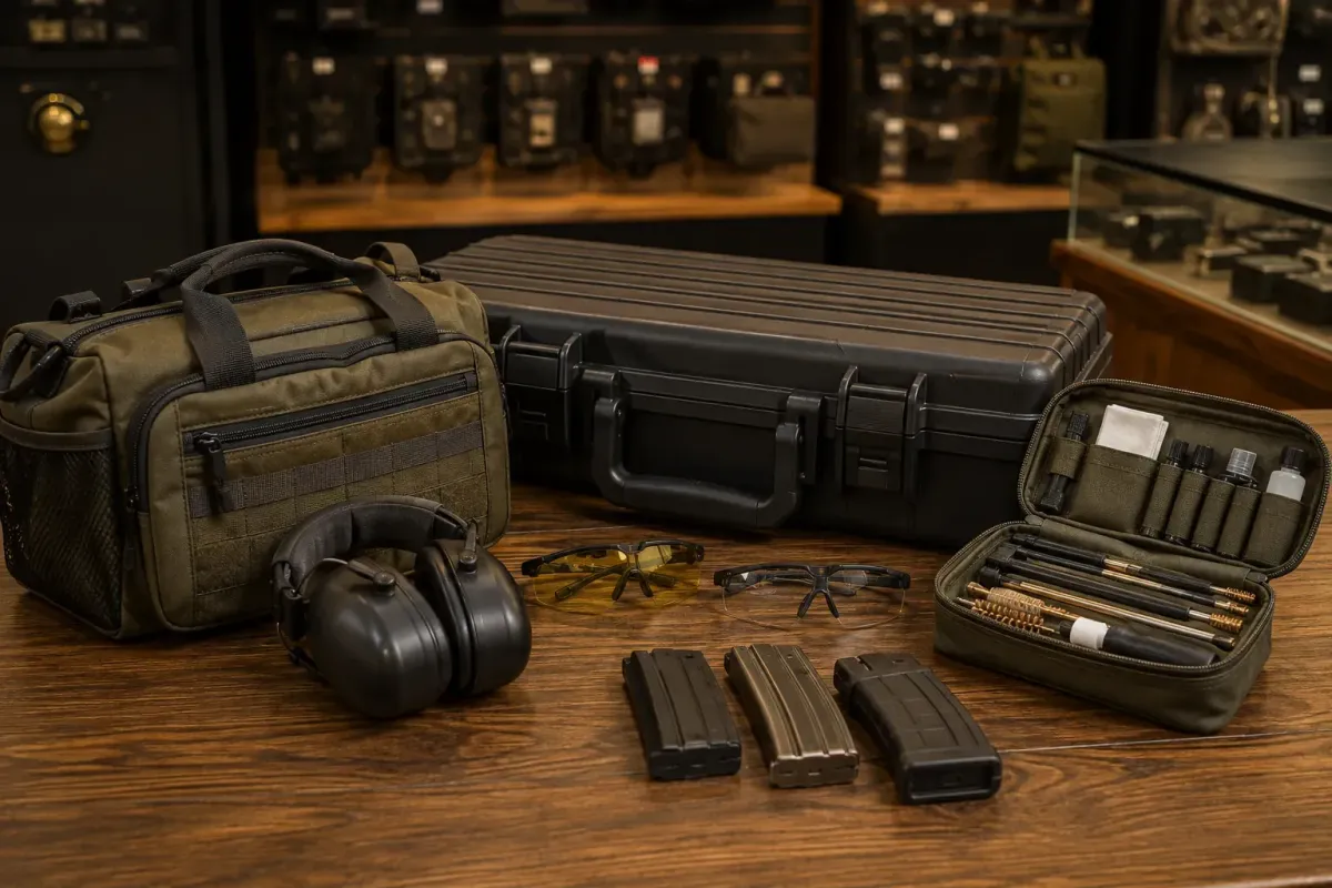 Firearm case with matching range gear nearby