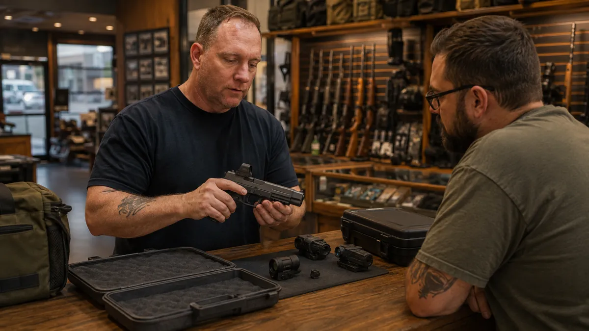 Art helping a customer compare options in-store