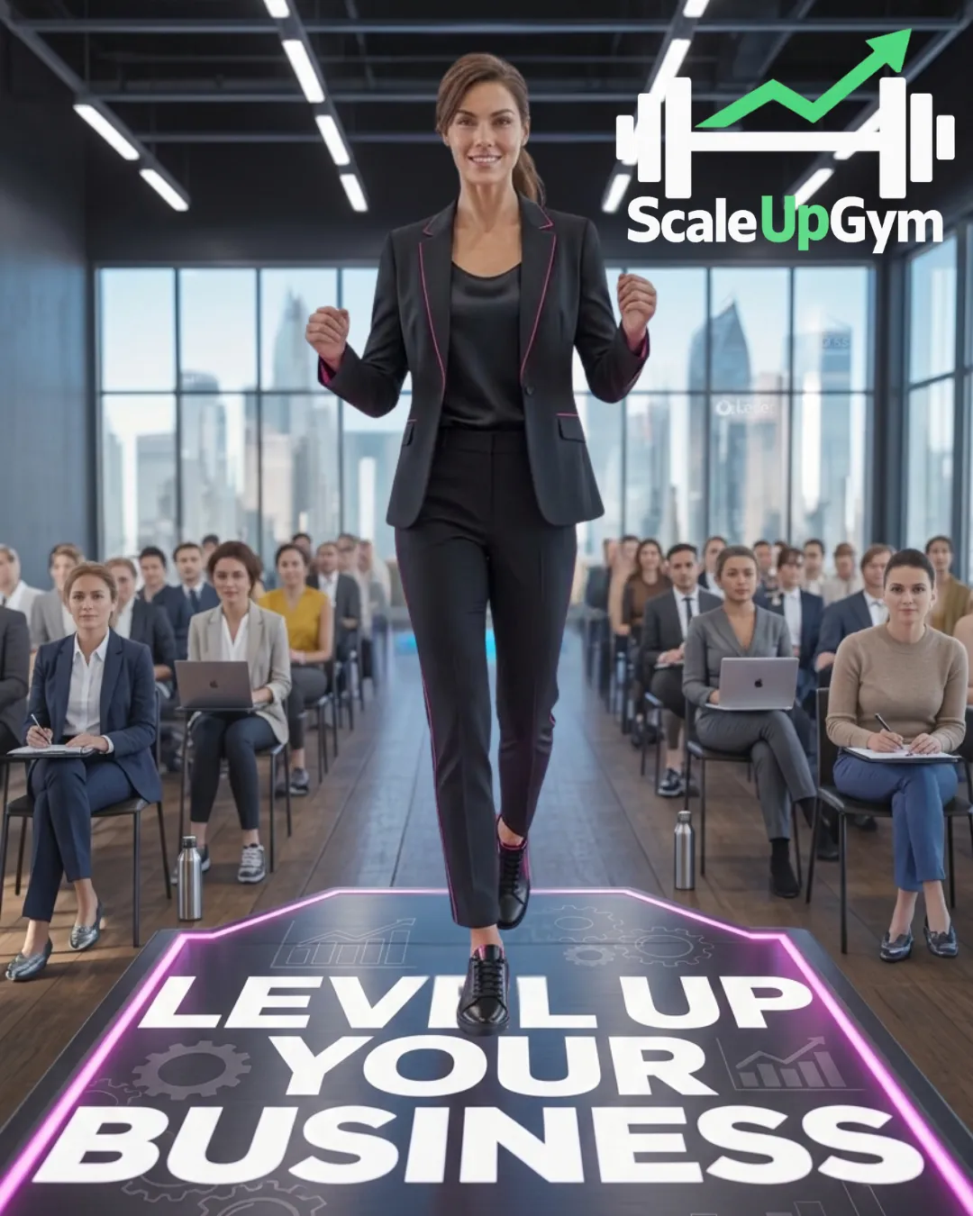 A vibrant, modern illustration of diverse business people exercising and collaborating in a gym-like workspace, using fitness equipment alongside laptops; the scene is energetic, inclusive, and professional.