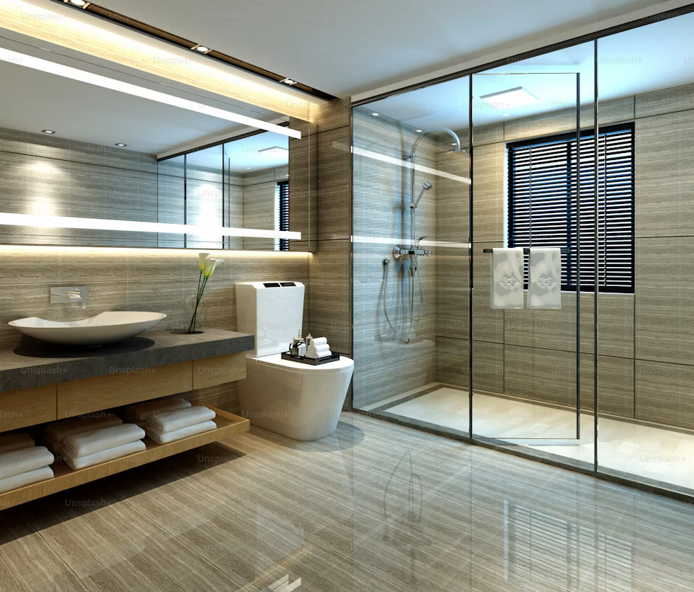 polished wooden bathroom with enclosed shower and white toilet, side vanity and circle basin