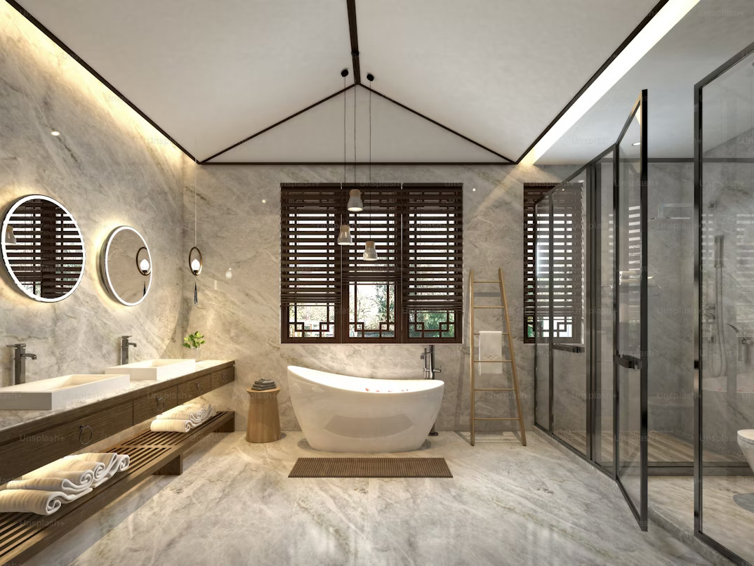 marble glossy beige bathroom with a bathtub and wooden windows