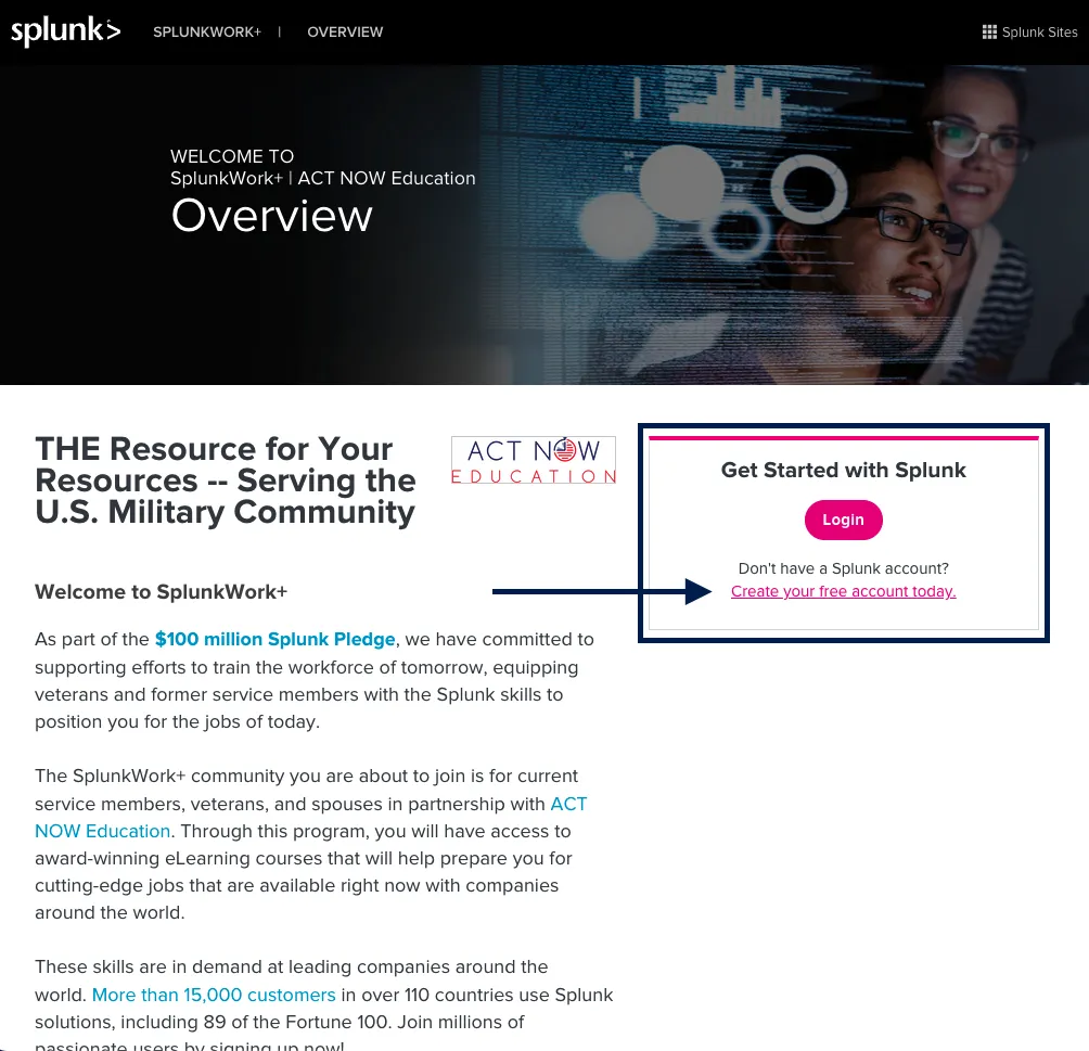Free, Splunk, Military Spouses, Dependents, Active Duty, Veterans Reservist, National Guard, Transitioning Splunk Works ANE Page