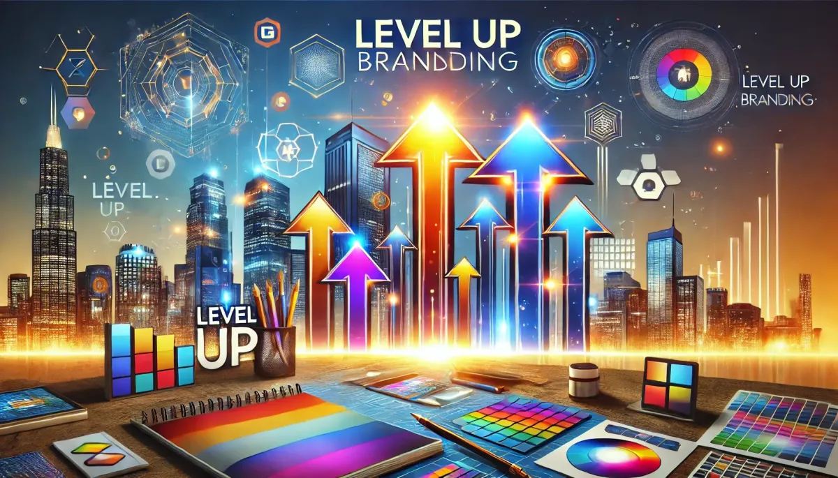 Modern illustration of Level Up Branding, showcasing vibrant visuals of a city skyline, upward arrows symbolizing growth, creative tools like color palettes and branding mockups, emphasizing innovative design and strategic branding solutions.