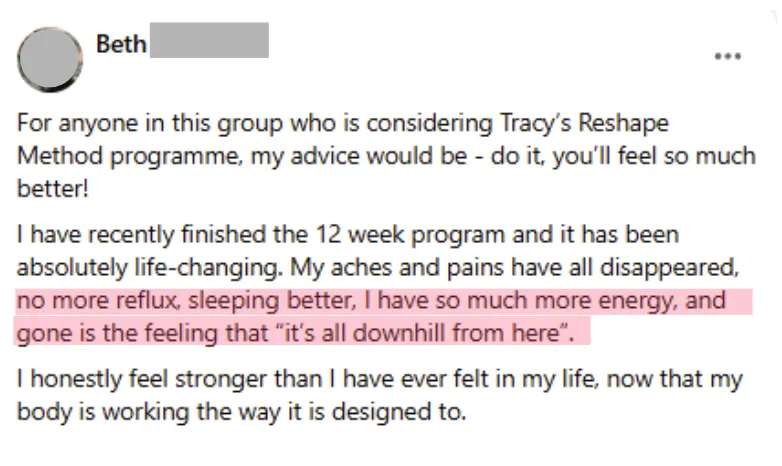 Client testimonial describing reduced aches, better sleep and more energy after The Reshape Method®
