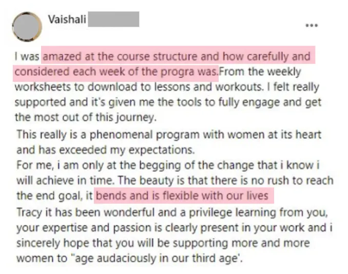 Client testimonial praising the structured, flexible Reshape Method® program