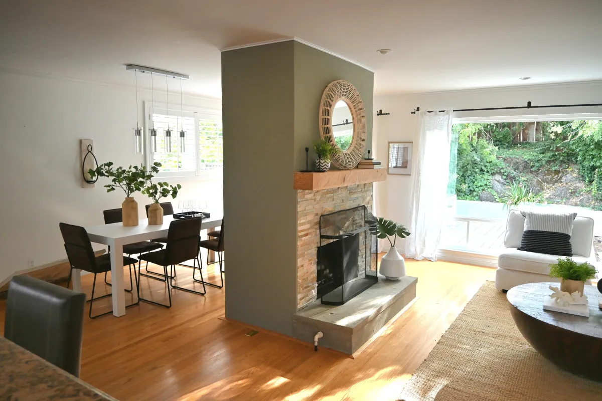 Interior painting wit white ceilings and a green painted chimney in San Rafael, CA