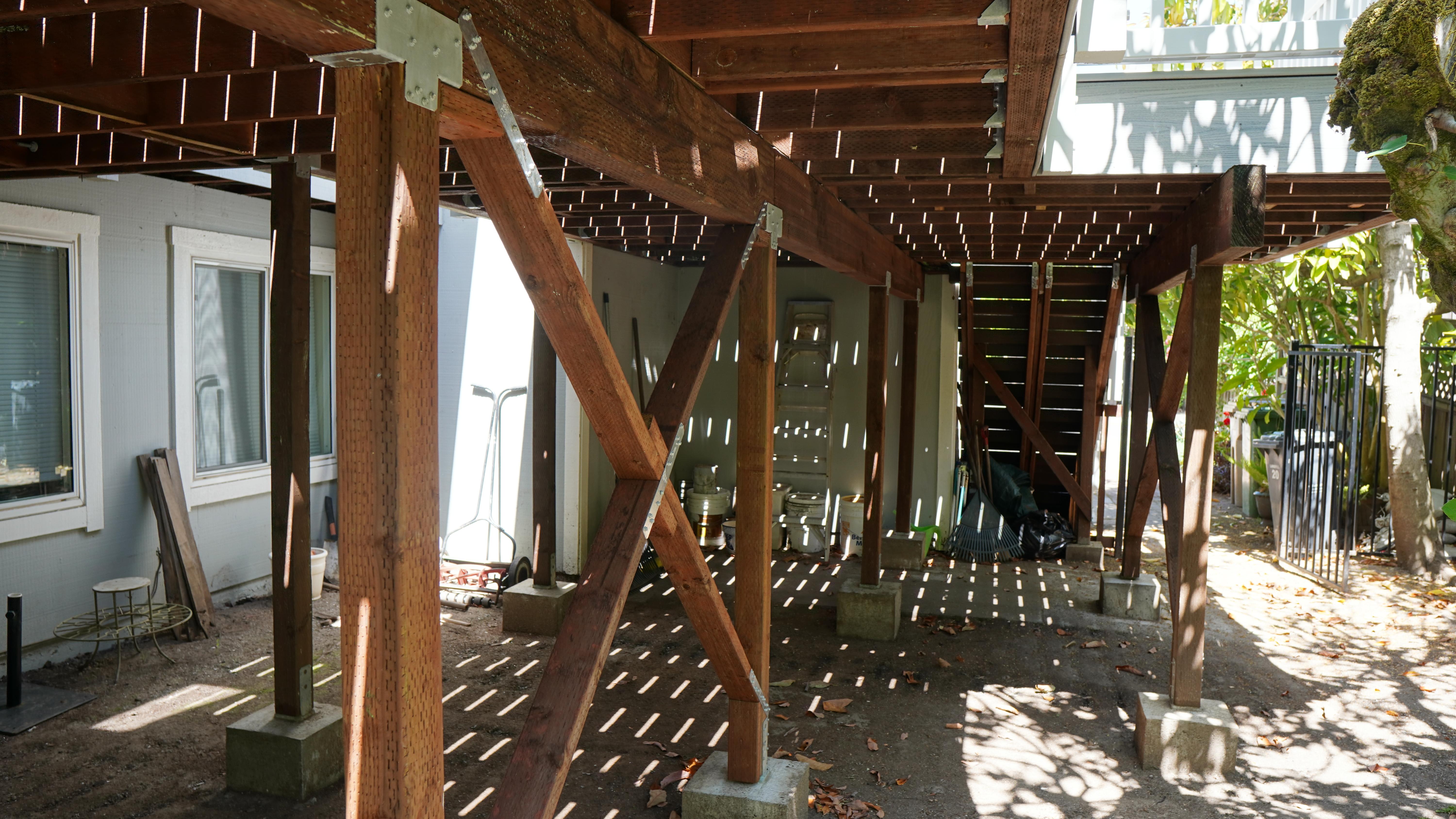 Bottom of new deck construction featuring a strong and well done framing system in Kentfield, CA.