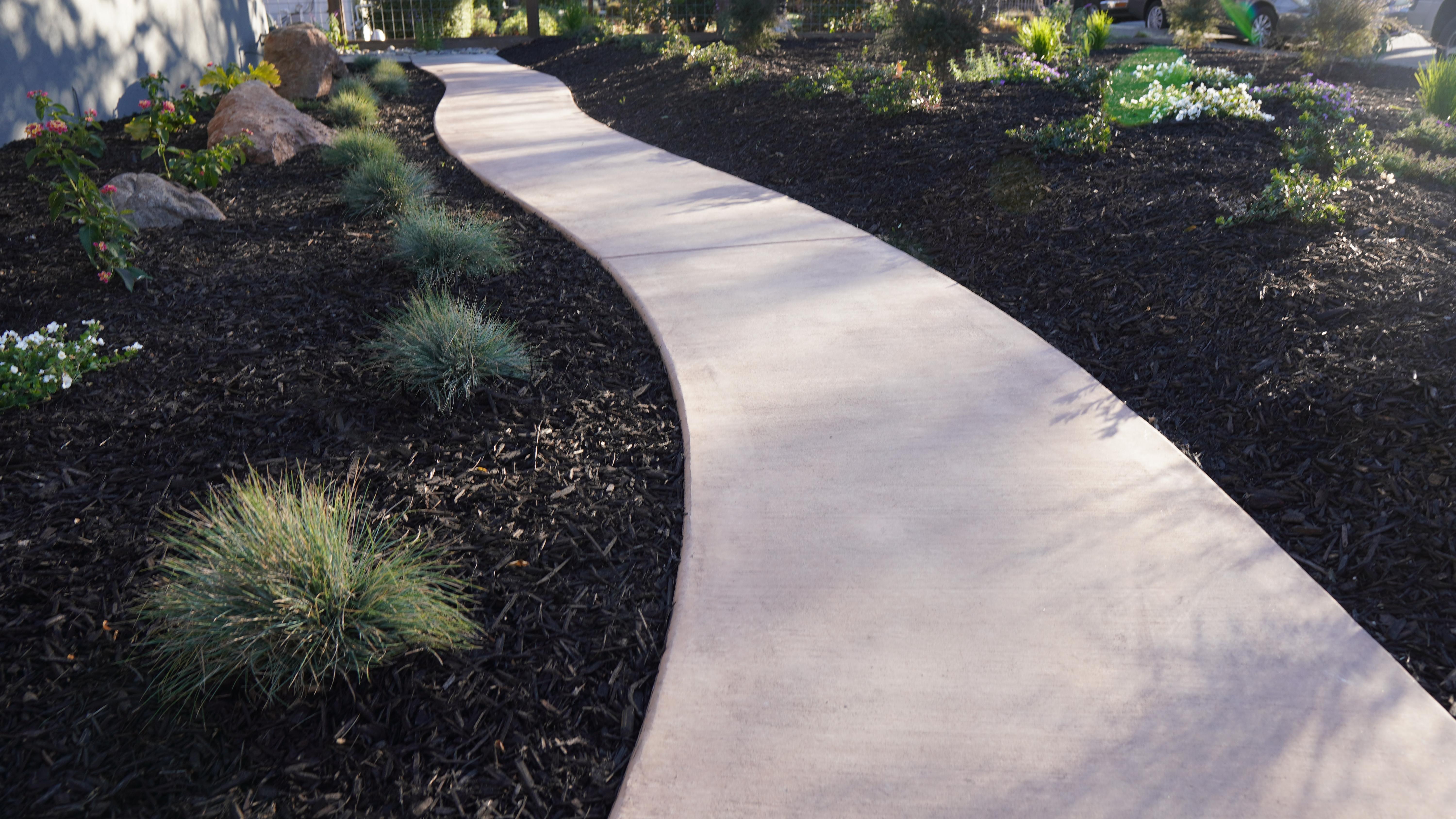 Concrete pathway with black mulch and plants on both sides in Mill Vally, CA.