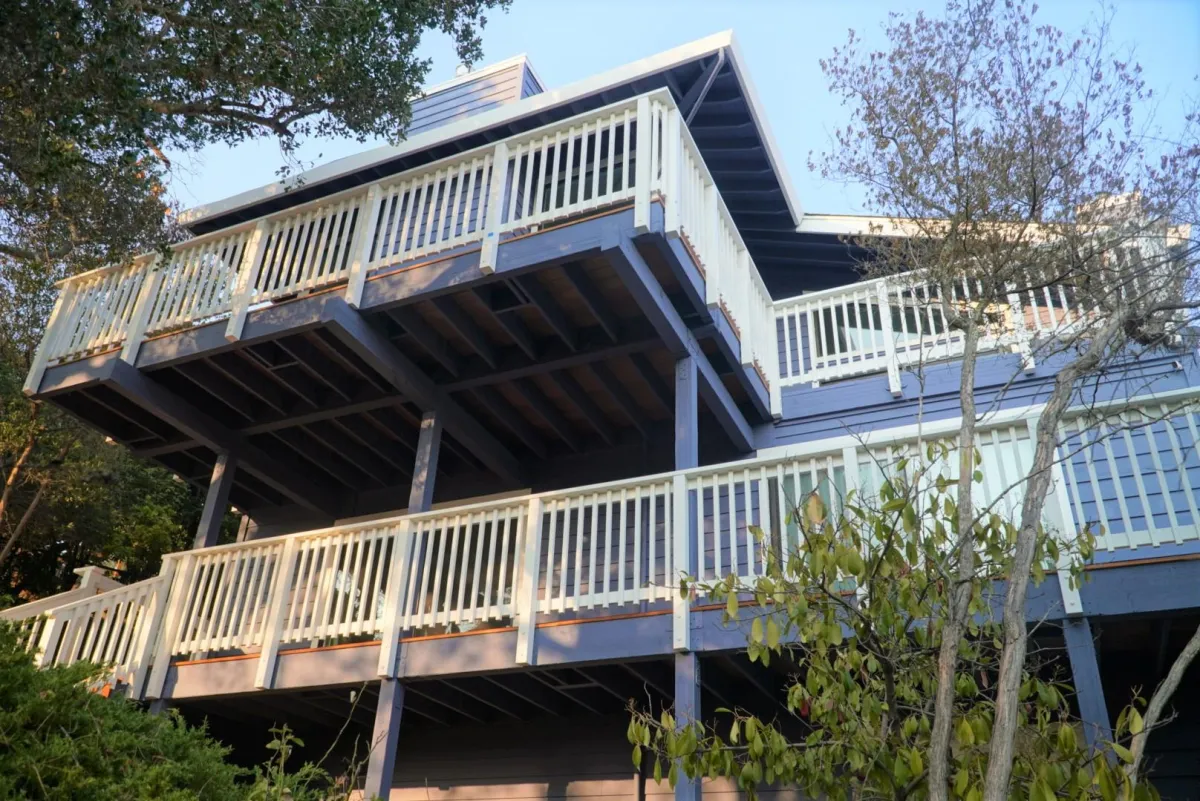 Blue Two story deck with white railings in Novato, CA.
