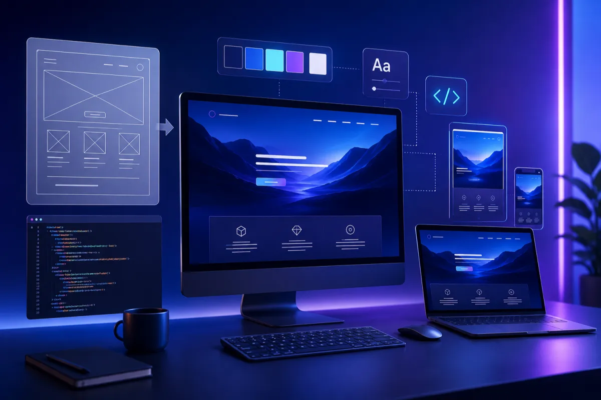 Modern digital workspace displaying website wireframes, coding, responsive layouts, typography, and color-selection tools across desktop, laptop, tablet, and mobile screens.