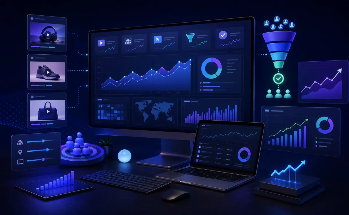 Digital advertising dashboard showing campaign creatives, audience targeting, conversion funnels, performance analytics, and growth across desktop and laptop screens.