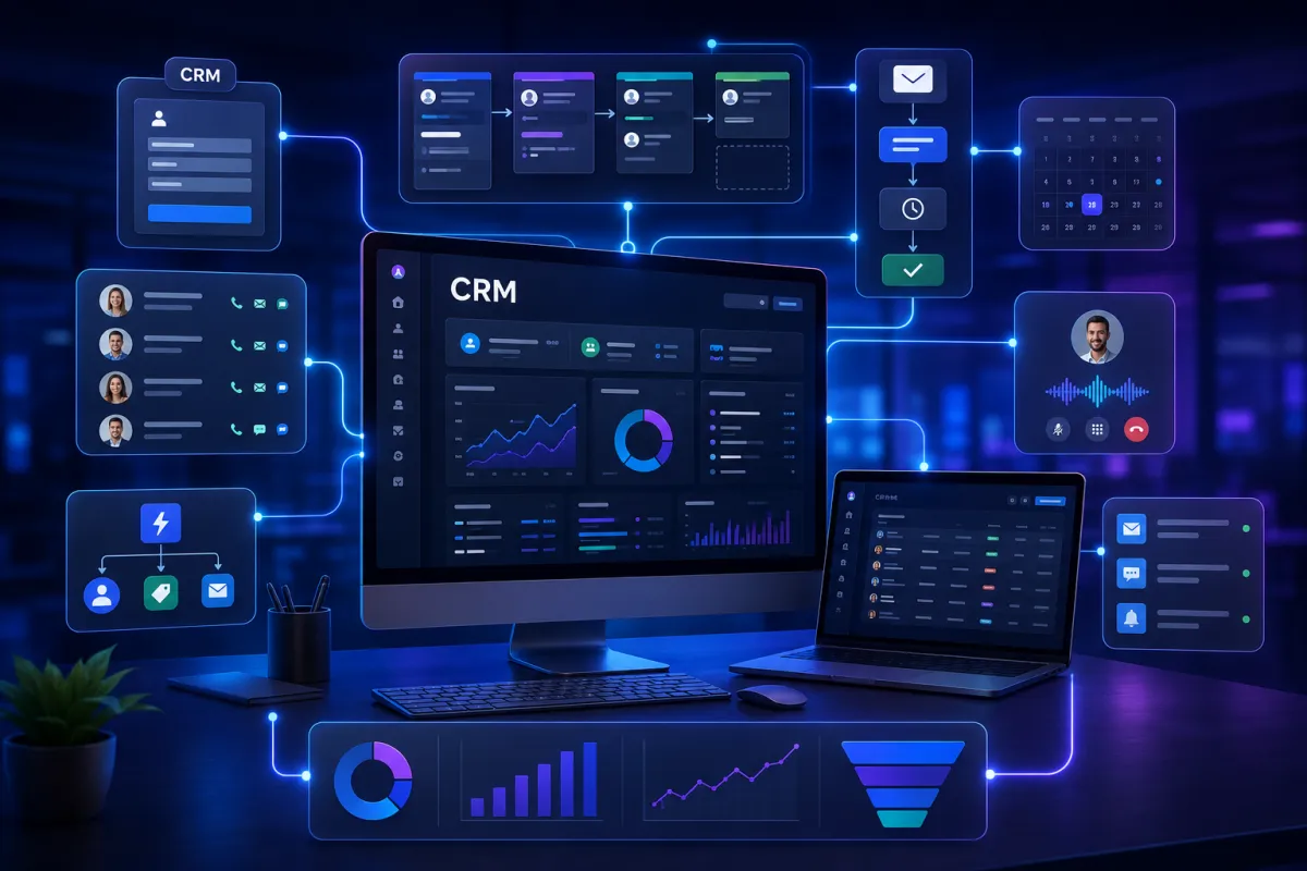 Connected CRM dashboard illustrating lead management, sales pipelines, automated workflows, email and text follow-ups, calls, appointments, and performance reporting.