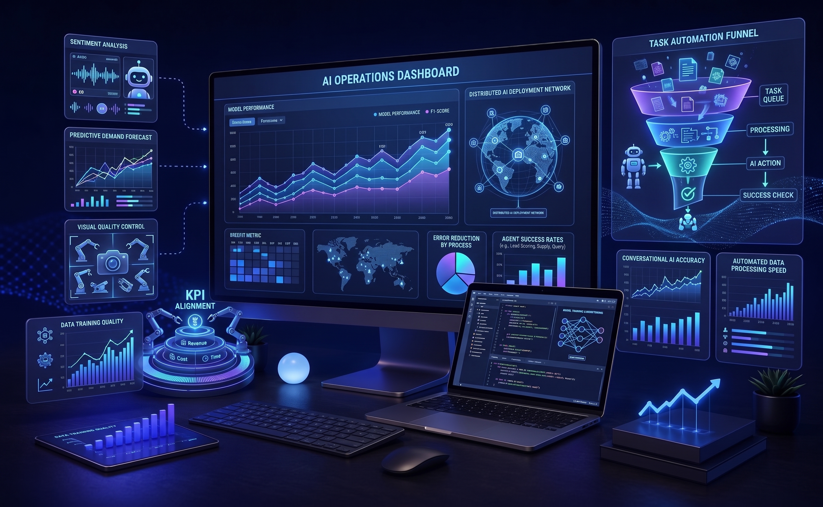 Digital advertising dashboard showing campaign creatives, audience targeting, conversion funnels, performance analytics, and growth across desktop and laptop screens.