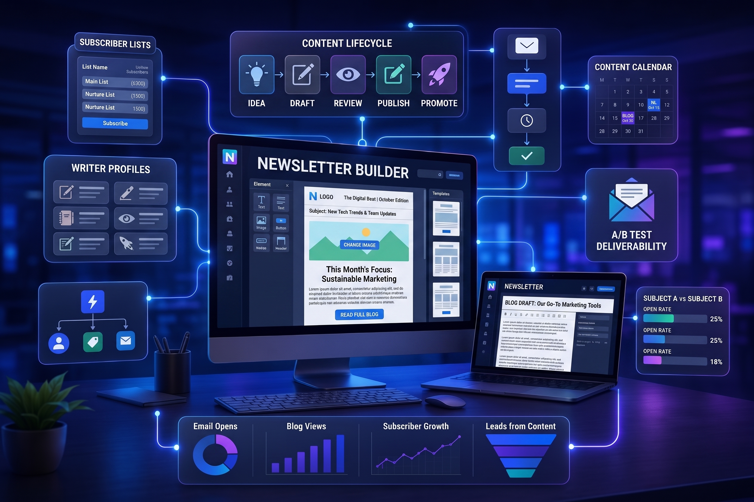 Connected CRM dashboard illustrating lead management, sales pipelines, automated workflows, email and text follow-ups, calls, appointments, and performance reporting.